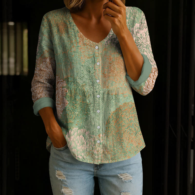 Vintage Chrysanthemum Line Art Pattern Print Button V-neck A-line Long Sleeve Blouse - Olive Green - 4XL - image 1