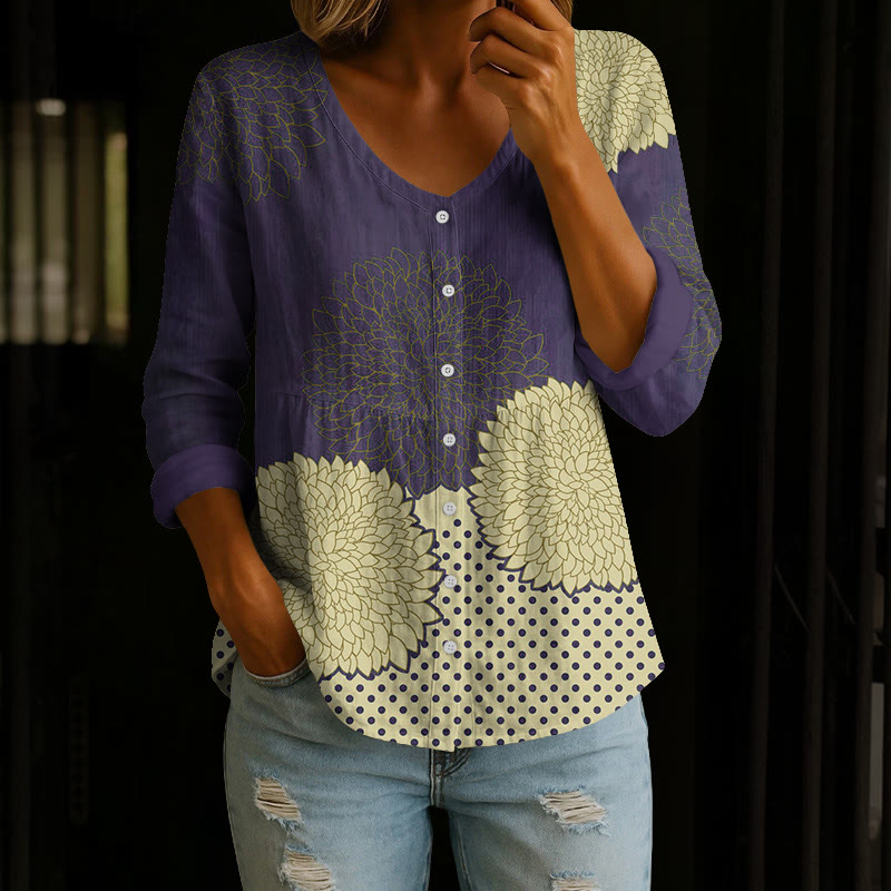 Vintage Chrysanthemum Polka Dots Pattern Print Button V-Neck A-line Long Sleeve Blouse - Purple - 4XL - image 2