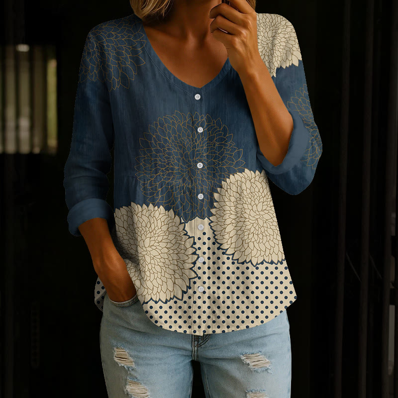 Vintage Chrysanthemum Polka Dots Pattern Print Button V-Neck A-line Long Sleeve Blouse - Navy Blue - 4XL - image 1