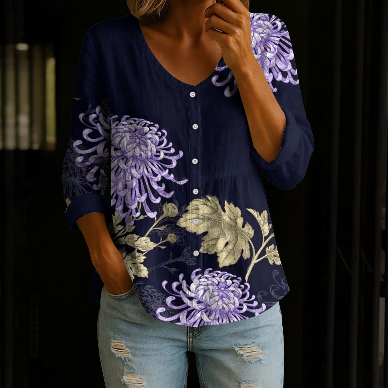 Japanese Vintage Chrysanthemum Kimono Pattern Print Button V-neck A-line Long Sleeve Blouse - Purple - 4XL - image 2