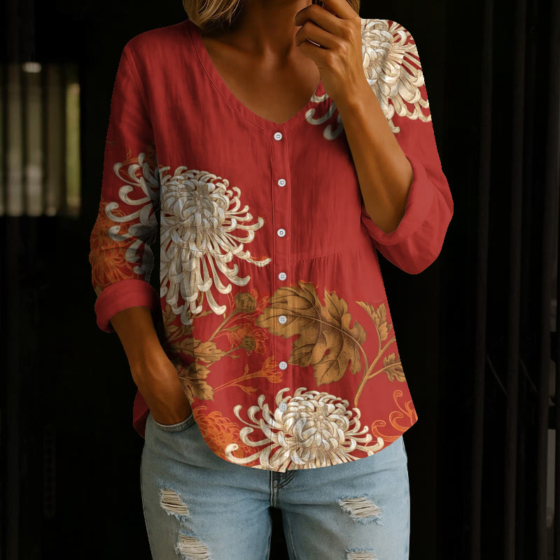 Japanese Vintage Chrysanthemum Kimono Pattern Print Button V-neck A-line Long Sleeve Blouse - Red - 4XL - image 1