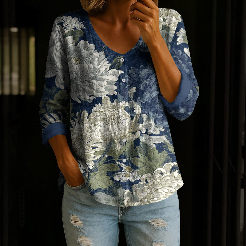 Vintage Magnificent Chrysanthemum Pattern Print Button V-neck A-line Long Sleeve Blouse - Navy Blue - 4XL - image 1