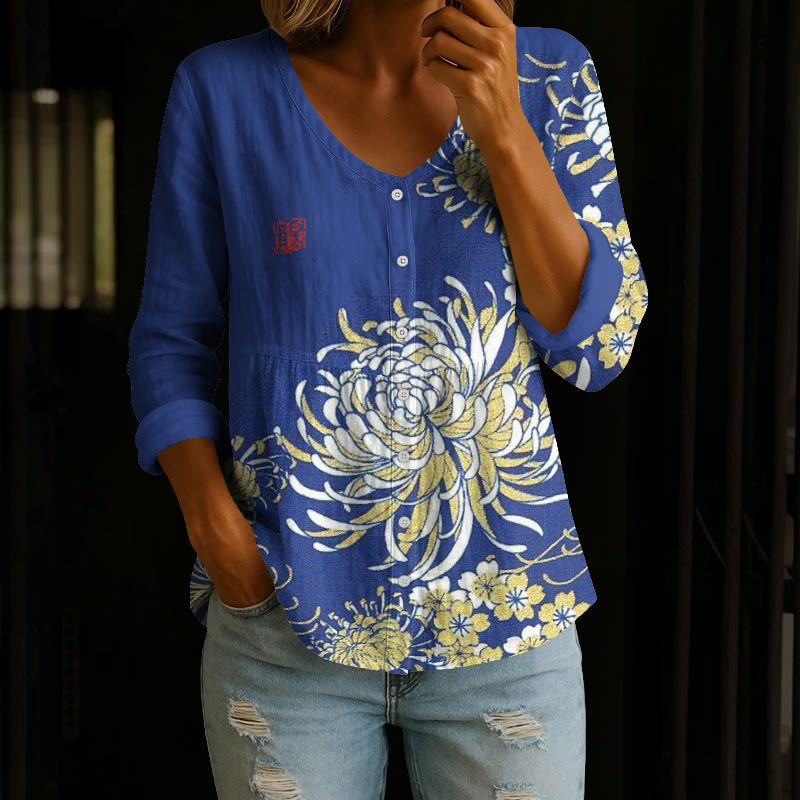 Japanese Vintage Magnificent Chrysanthemum Pattern Print Button V-neck A-line Long Sleeve Blouse - Royal Blue - 4XL - image 1