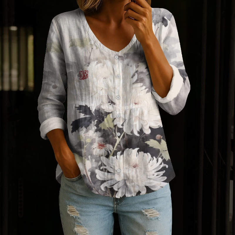 Vintage Sumi-e Chrysanthemum Ink Painting Pattern Print Button V-neck A-line Long Sleeve Blouse - Light Gray - 4XL - image 1