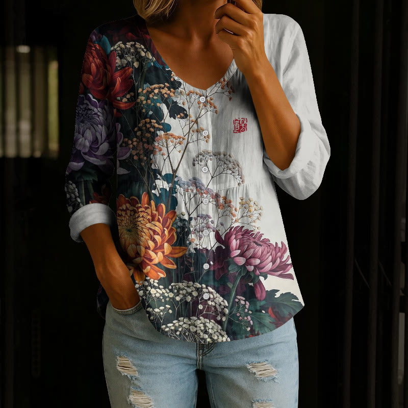 Vintage Chrysanthemums And Baby's Breath Pattern Print Button V-neck A-line Long Sleeve Blouse - Light Gray - 4XL - image 1