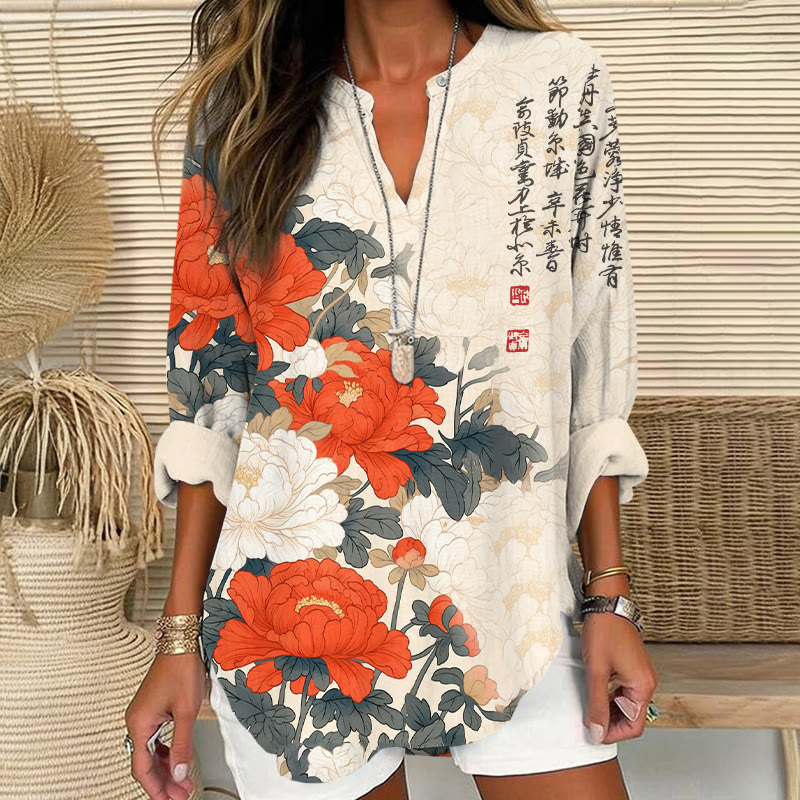 Vintage Magnificent Peonies And Poetry Pattern Print V Neck Long Sleeve Blouse - Apricot - 8XL - image 1