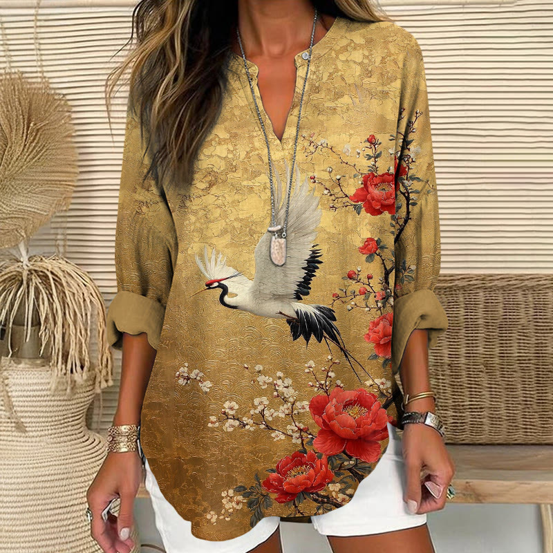 Vintage The Magnificent Crane And Peonies Pattern Print V Neck Long Sleeve Blouse - Golden - 8XL - image 1