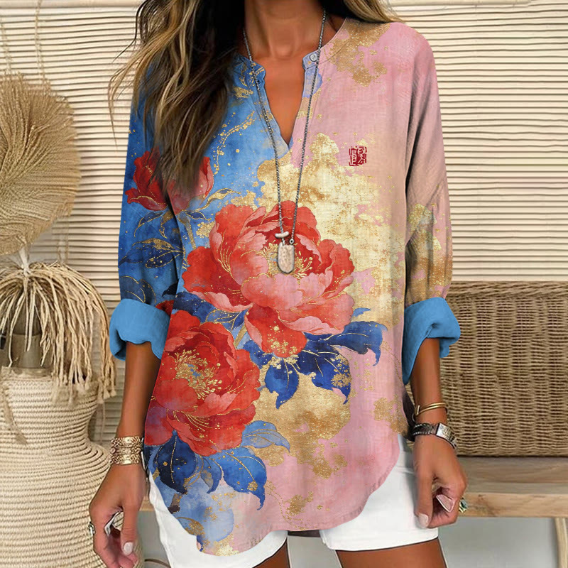 Vintage Gold-dusted Peony Pattern Print V Neck Long Sleeve Blouse - Pink - 8XL - image 1