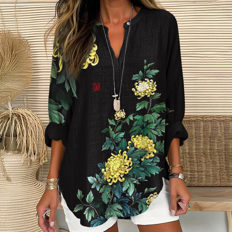 Japanese Elegant Chrysanthemum Kimono Pattern Print V Neck Long Sleeve Blouse - Black - 8XL - image 1