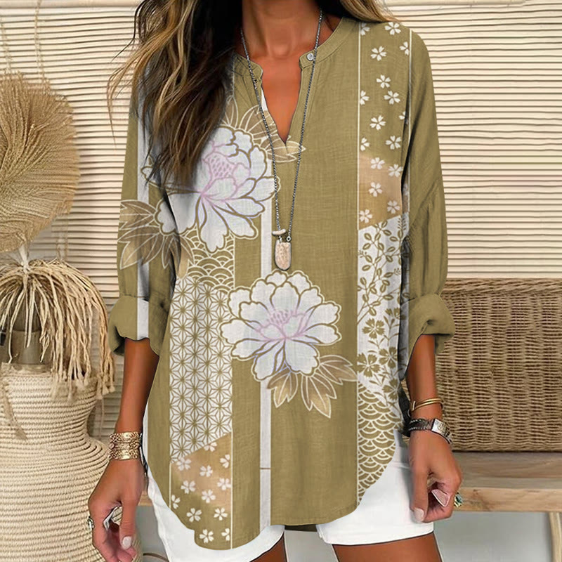 Japanese Peony Cherry Blossoms Kimono Pattern Print V Neck Long Sleeve Blouse - Olive Green - 8XL - image 2