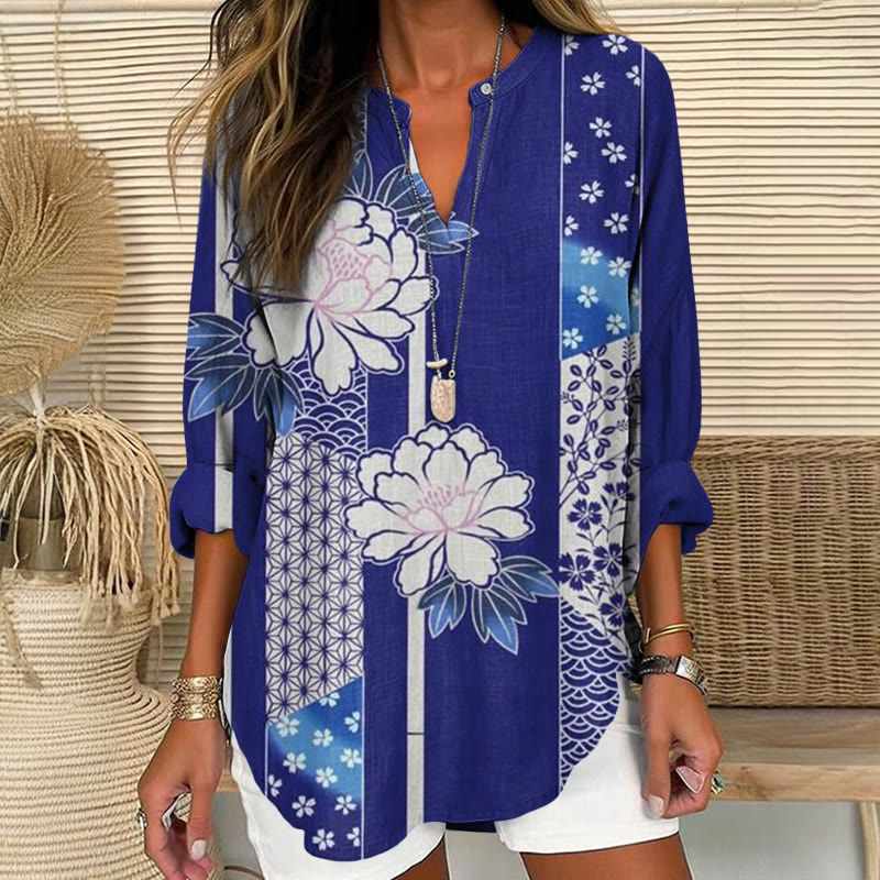 Japanese Peony Cherry Blossoms Kimono Pattern Print V Neck Long Sleeve Blouse - Royal Blue - 8XL - image 1