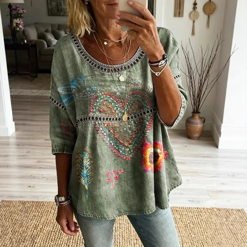 Hippie Heart Line Doodle Print Openwork Lace Splicing Round Neck Half Sleeve Blouse - Green - 4XL - image 1