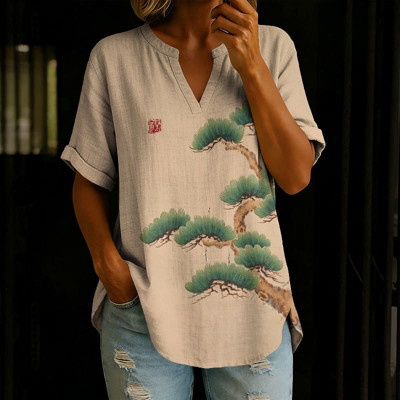 Japanese Pine Tree Pattern Pattern Print Short Sleeve Casual Blouse - Apricot - 5XL - image 1