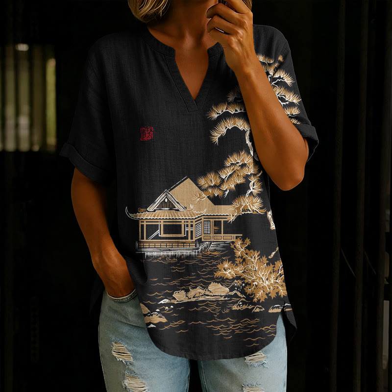 Japanese Gardens And Pine Trees Pattern Print Short Sleeve Casual Blouse - Black - 5XL - image 3
