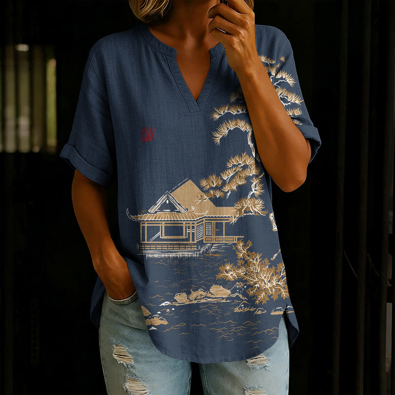 Japanese Gardens And Pine Trees Pattern Print Short Sleeve Casual Blouse - Blue - 5XL - image 1