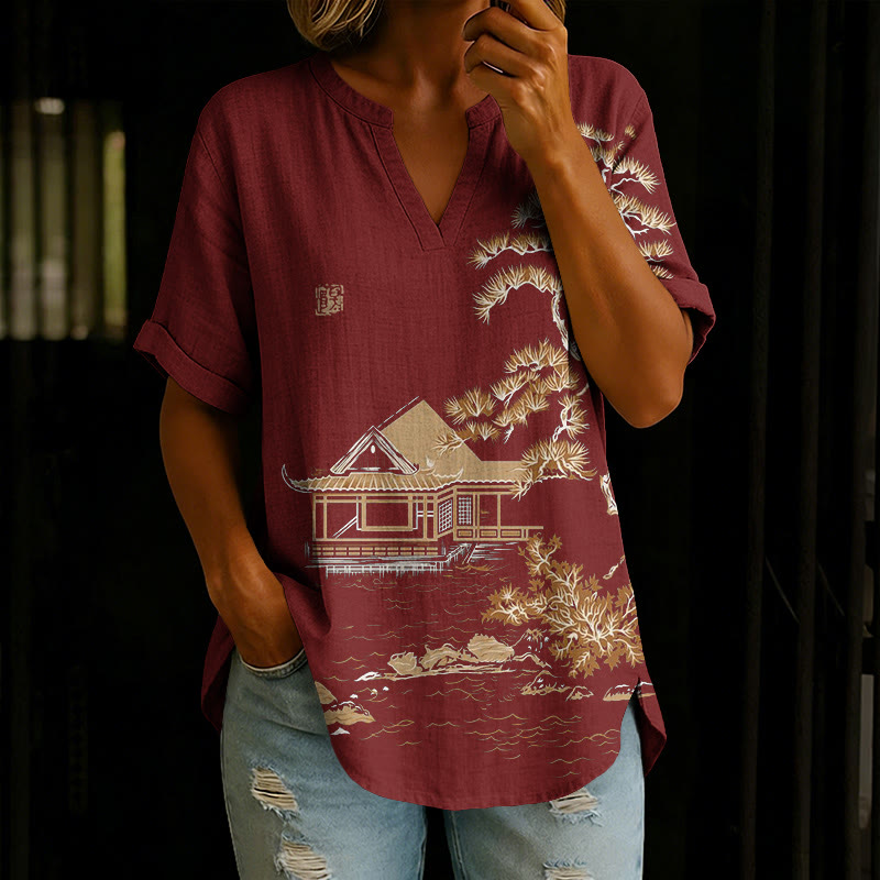 Japanese Gardens And Pine Trees Pattern Print Short Sleeve Casual Blouse - Red - 5XL - image 2