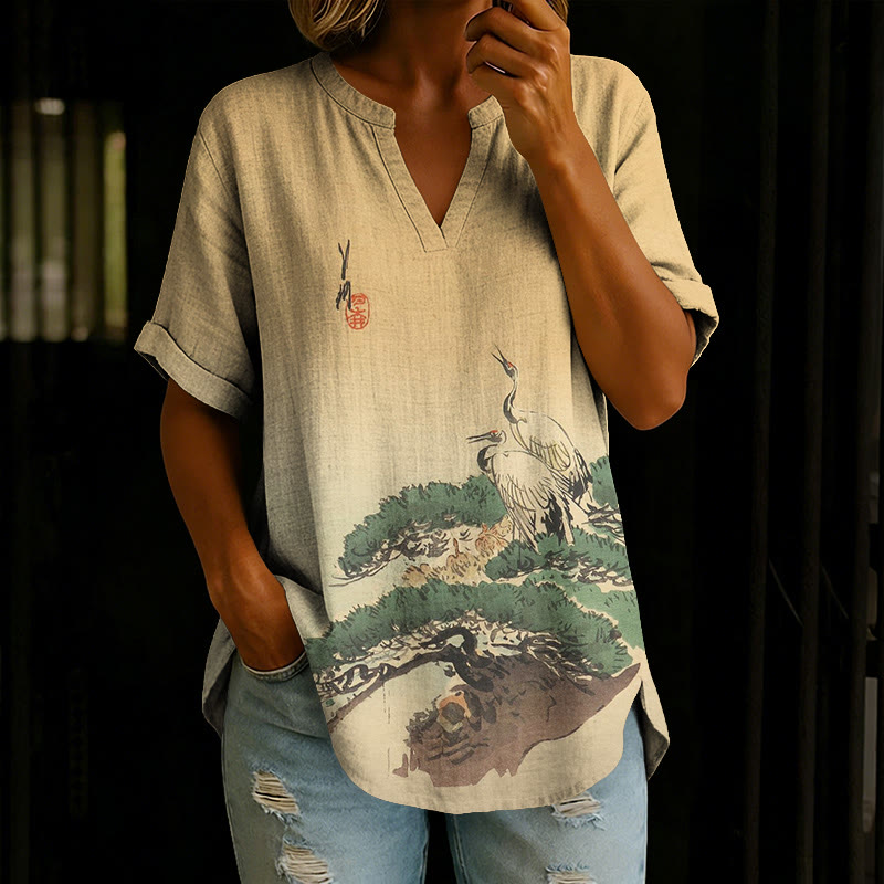 Japanese Cranes And Pine Trees Pattern Print Short Sleeve Casual Blouse - Apricot - 5XL - image 1