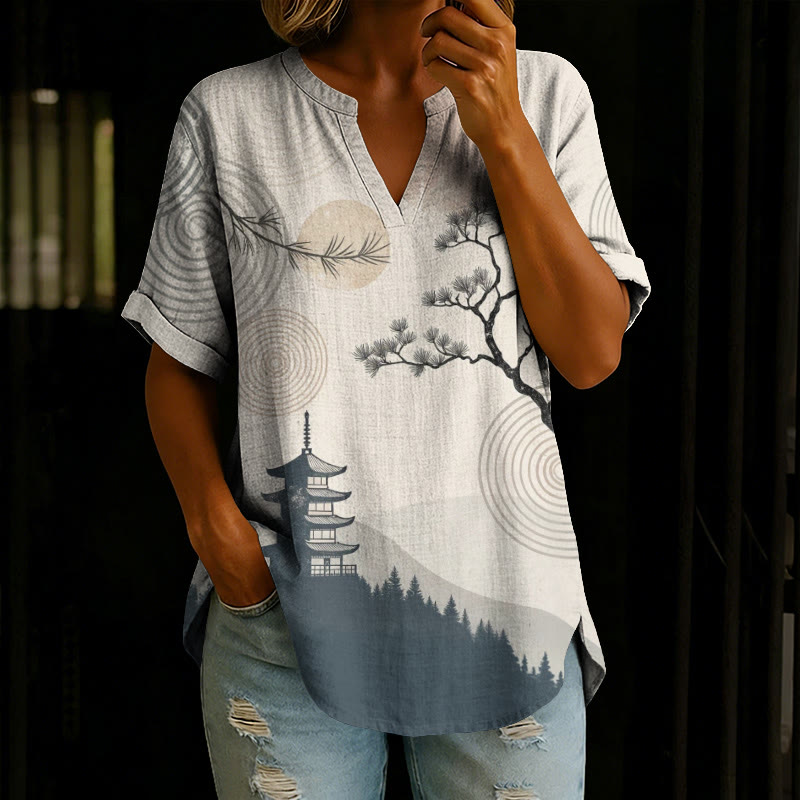 Japanese Pine Mountain Pagoda Pattern Print Short Sleeve Casual Blouse - White - 5XL - image 1