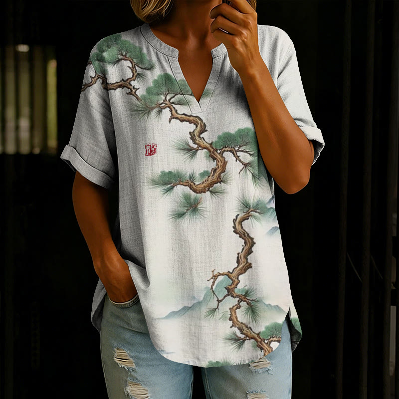 Japanese Pine And Distant Mountains Pattern Print Short Sleeve Casual Blouse - White - 5XL - image 1