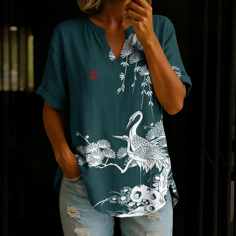 Japanese Pine Trees And Cranes Woodblock Pattern Print Short Sleeve Casual Blouse - Green - 5XL - image 1