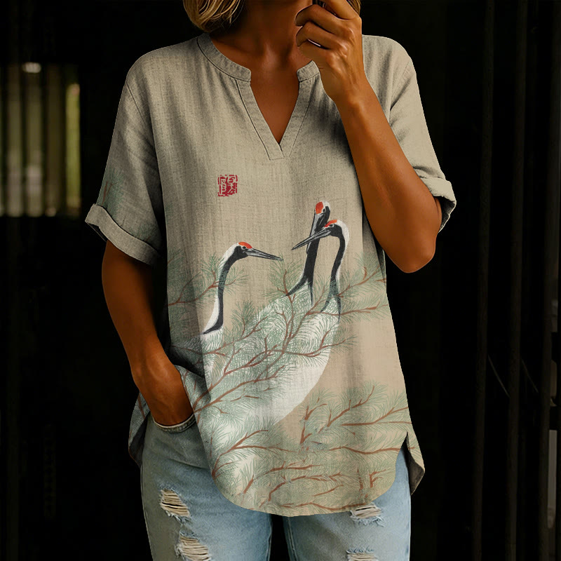 Japanese Red-crowned Cranes And Pine Trees Pattern Print Short Sleeve Casual Blouse - Apricot - 5XL - image 1