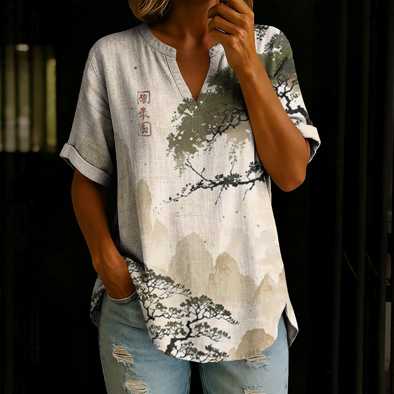 Japanese Mountain Pine Trees Pattern Print Short Sleeve Casual Blouse - Apricot - 5XL - image 1