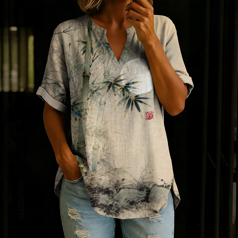 Japanese Bamboo Grove Pattern Print Short Sleeve Casual Blouse - Apricot - 5XL - image 1