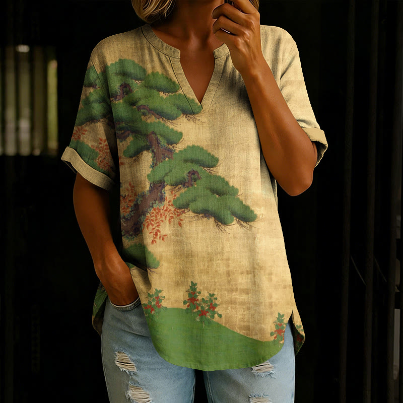 Japanese Traditional Pine Tree Kimono Pattern Print Short Sleeve Casual Blouse - Apricot - 5XL - image 1