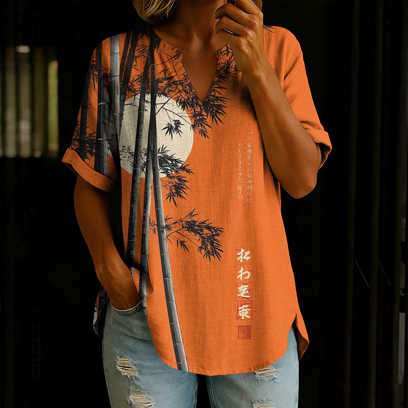 Japanese Bushido Bamboo Grove Pattern Print Short Sleeve Casual Blouse - Orange - 5XL - image 1