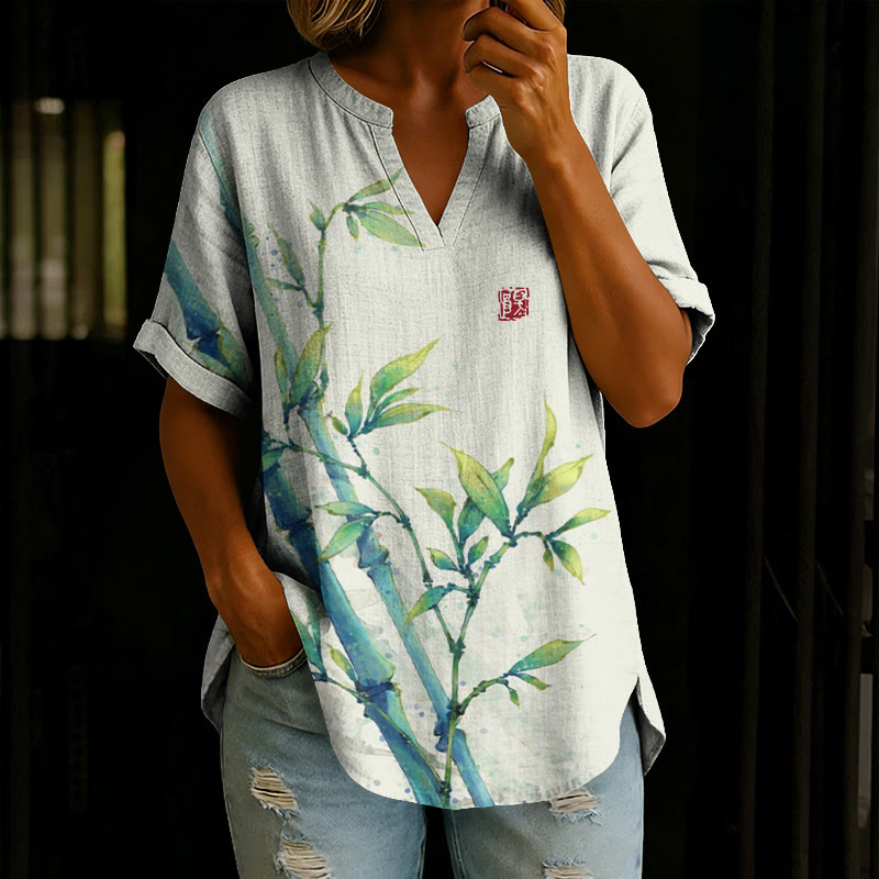 Japanese Watercolor Bamboo Pattern Print Short Sleeve Casual Blouse - White - 5XL - image 1