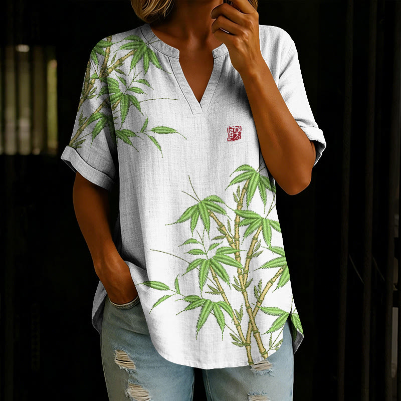 Japanese Bamboo Leaf Stitch Pattern Print Short Sleeve Casual Blouse - White - 5XL - image 1