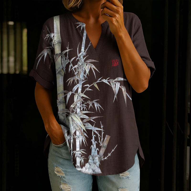 Japanese Silver Bamboo Pattern Print Short Sleeve Casual Blouse - Brown - 5XL - image 1
