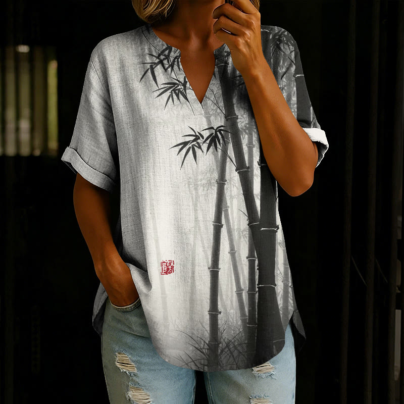 Japanese Silhouette Of Ink Bamboo Pattern Print Short Sleeve Casual Blouse - Black - 5XL - image 1