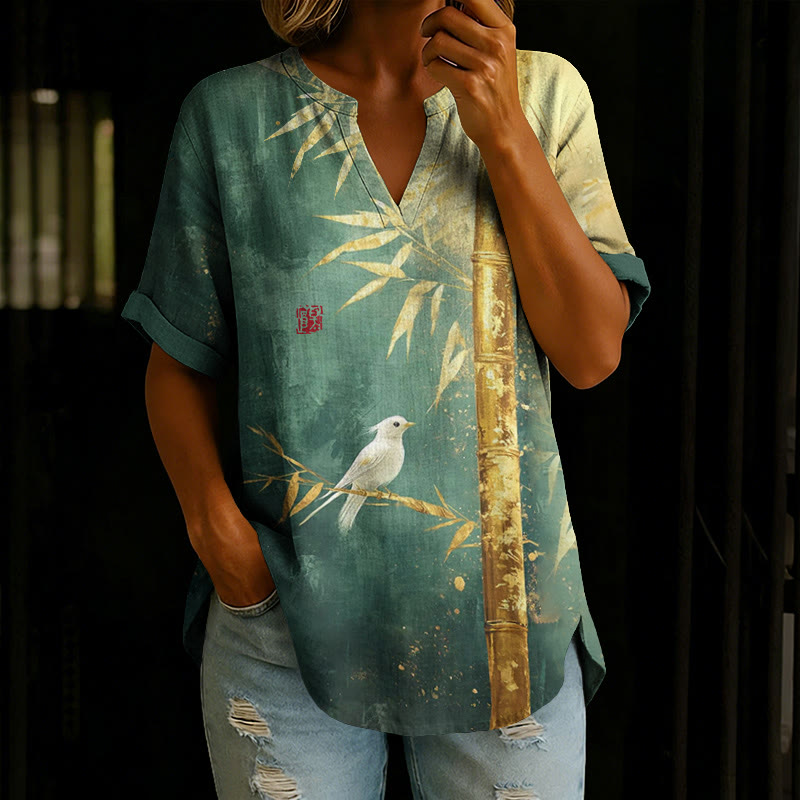 Japanese Golden Bamboo And The Little Bird Pattern Print Short Sleeve Casual Blouse - Green - 5XL - image 1