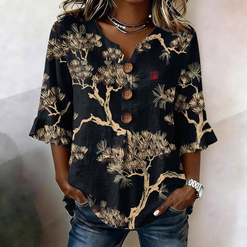 Vintage Pine Tree Sketch Pattern Print Button V-neck Blouse With Ruffle Sleeves - Black - US32-34(5XL) - image 2