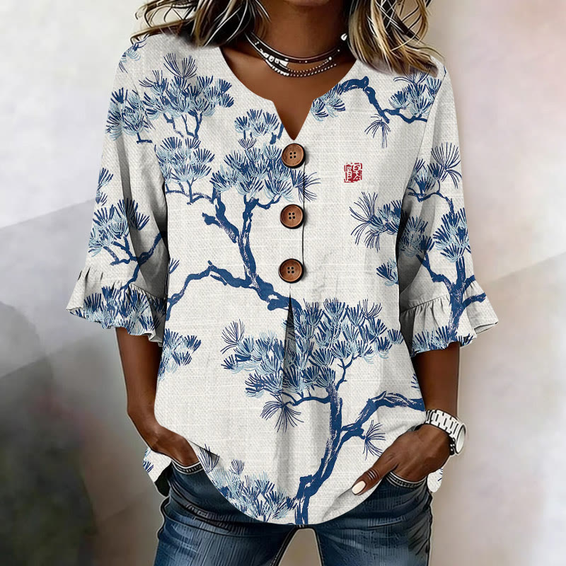 Vintage Pine Tree Sketch Pattern Print Button V-neck Blouse With Ruffle Sleeves - Blue - US32-34(5XL) - image 1