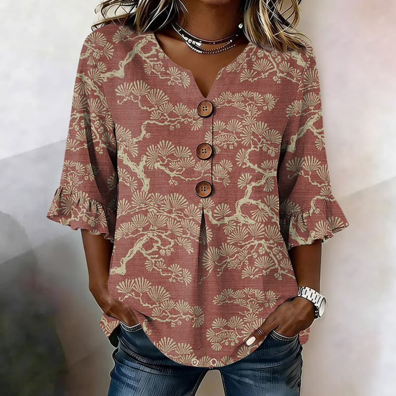 Vintage Japanese Pine Tree Texture Pattern Print Button V-neck Blouse With Ruffle Sleeves - Red - US32-34(5XL) - image 1