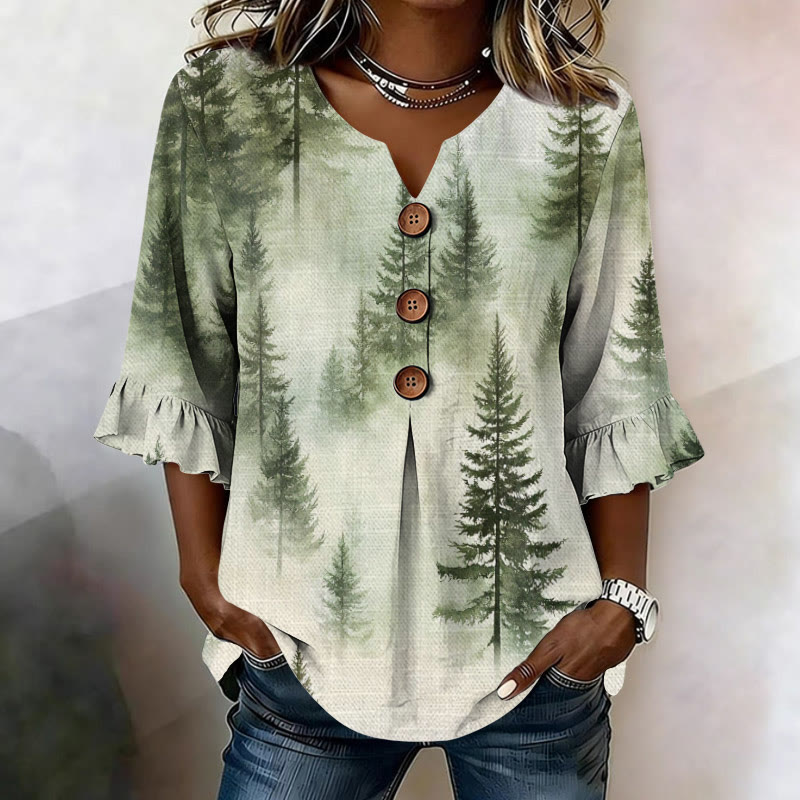 Vintage Watercolor Mist And Pine Forest Pattern Print Button V-neck Blouse With Ruffle Sleeves - Green - US32-34(5XL) - image 1