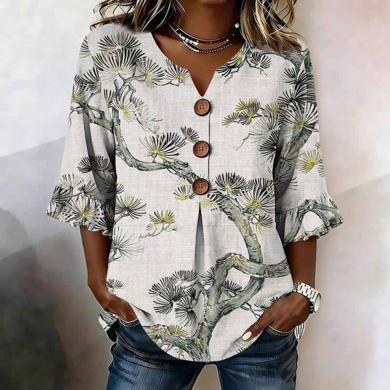 Vintage Japanese Pine Tree Pattern Print Button V-neck Blouse With Ruffle Sleeves - Olive Green - US32-34(5XL) - image 2