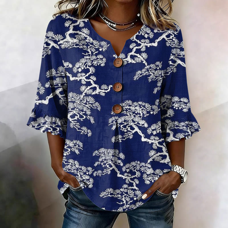 Vintage Japanese Pine Tree Kimono Pattern Print Button V-neck Blouse With Ruffle Sleeves - Royal Blue - US32-34(5XL) - image 1