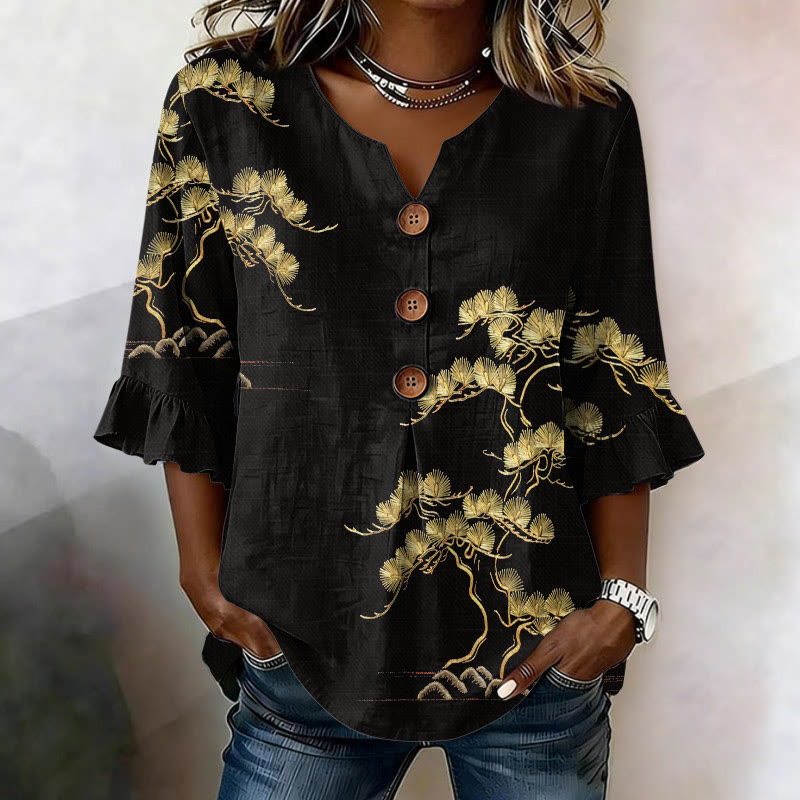Vintage Japanese Golden Pine Texture Pattern Print Button V-neck Blouse With Ruffle Sleeves - Black - US32-34(5XL) - image 1