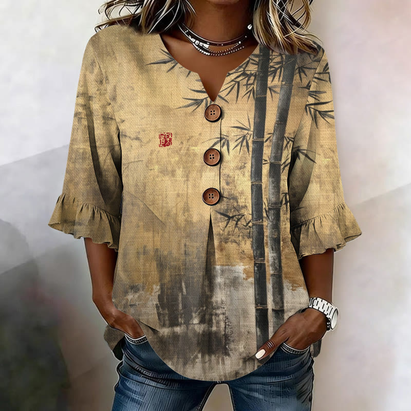 Vintage Japanese Carefree Bamboo Pattern Print Button V-neck Blouse With Ruffle Sleeves - Yellow - US32-34(5XL) - image 1