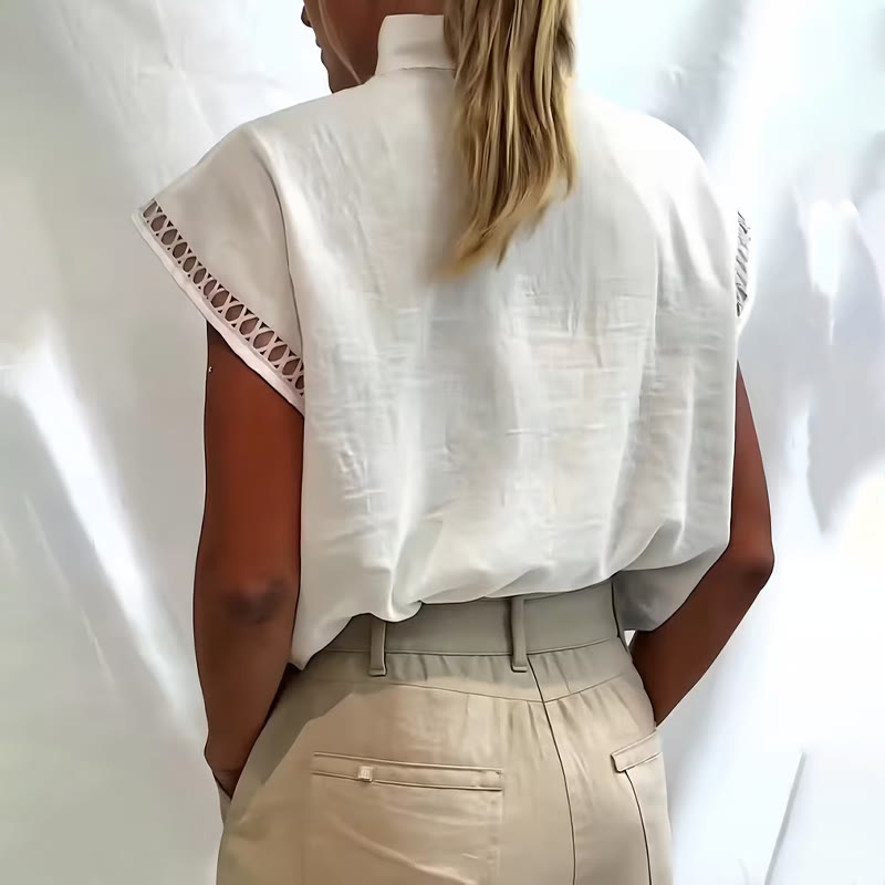 Solid Openwork Lace Splicing Stand Collar Flutter Sleeves Blouse - image 2