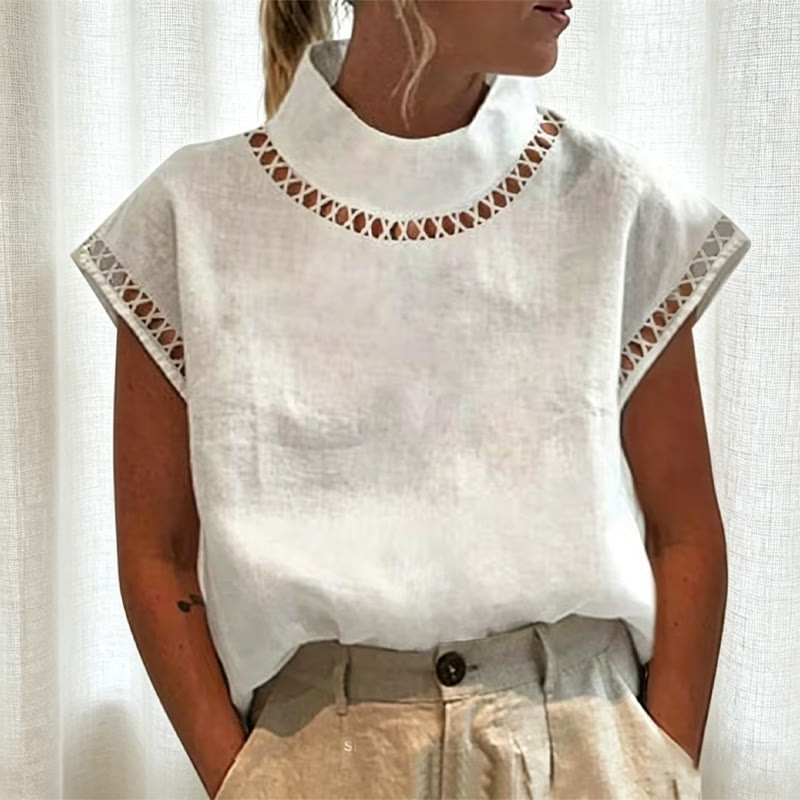 Solid Openwork Lace Splicing Stand Collar Flutter Sleeves Blouse - White - 4XL - image 1