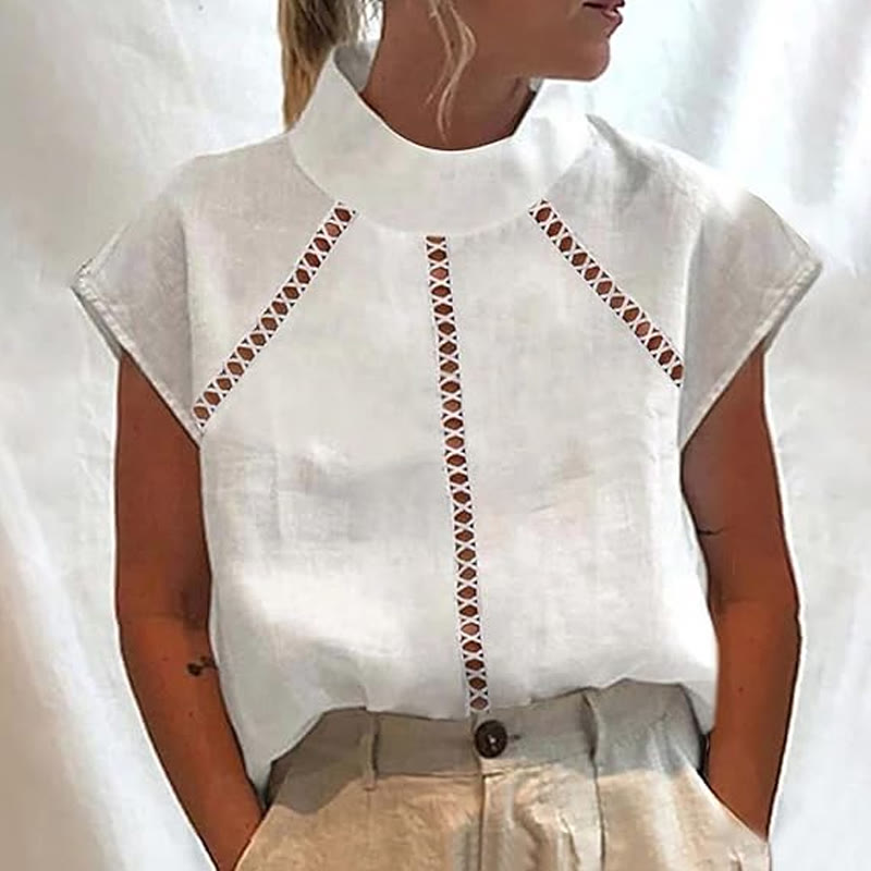 Solid Openwork Lace Splicing Brushing Past Stand Collar Cap Sleeve Blouse - White - 4XL - image 2