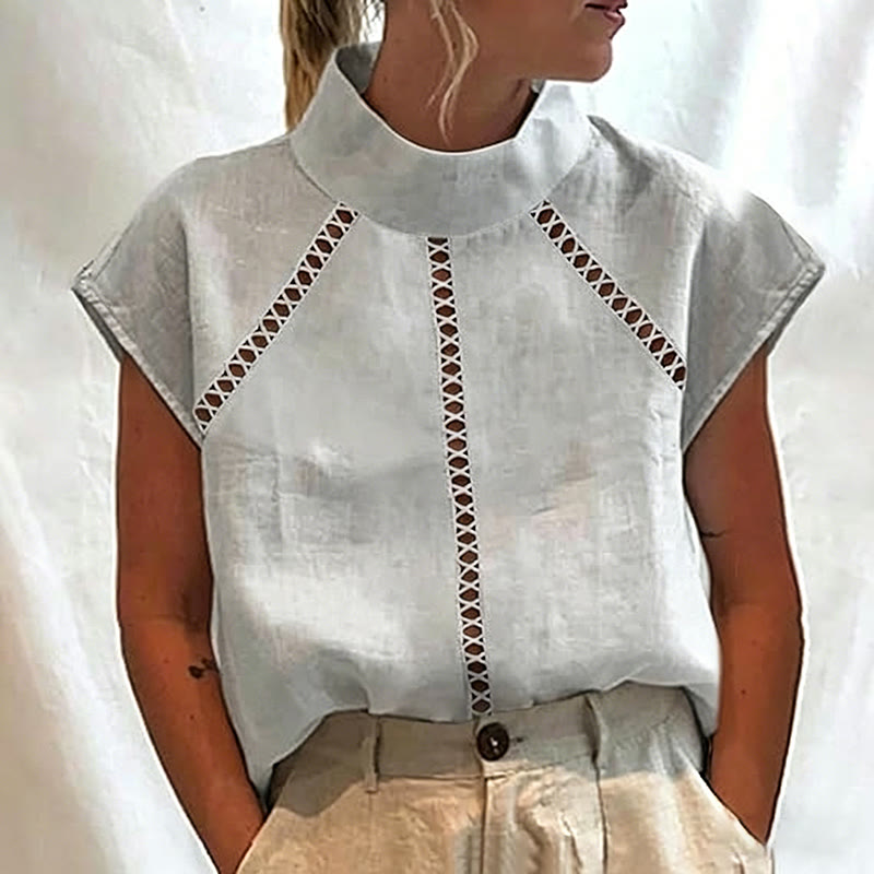 Solid Openwork Lace Splicing Brushing Past Stand Collar Cap Sleeve Blouse - Grey - 4XL - image 1