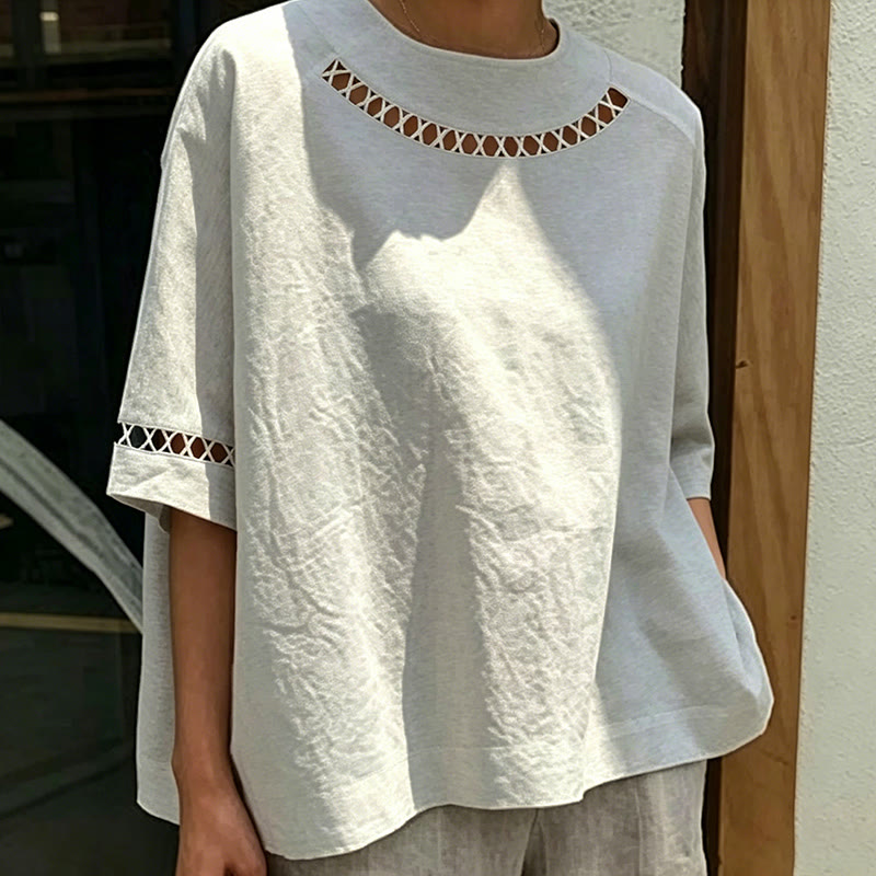 Solid Openwork Lace Splicing Round Collar Half Sleeve Blouse - Grey - 4XL - image 2
