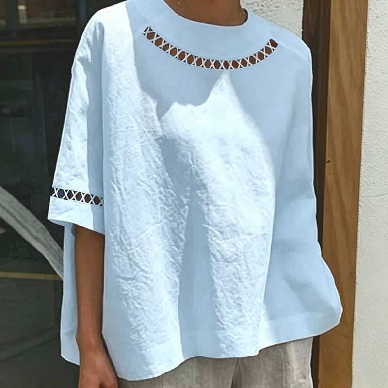 Solid Openwork Lace Splicing Round Collar Half Sleeve Blouse - Sky Blue - 4XL - image 1