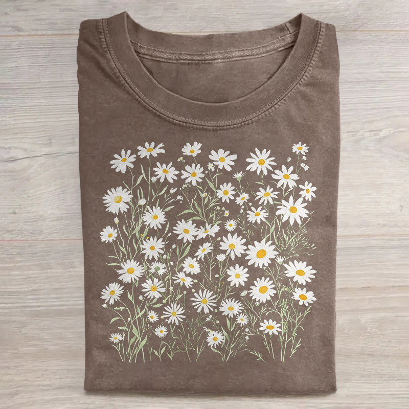 Unisex April Birth Daisy Flower Print Acid Washed T-shirt - Brown - US20-22(3XL) - image 2