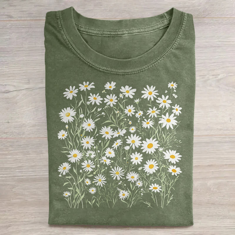 Unisex April Birth Daisy Flower Print Acid Washed T-shirt - Green - US20-22(3XL) - image 1